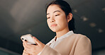 Phone, studio or Japanese businesswoman on social media texting or typing an email in online conversation. Research, mobile app or female employee on website to chat for post or networking on break