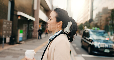 Buy stock photo Coffee, walking and Japanese business woman in the city crossing the road to work or job. Cappuccino, travel and professional young female person commuting with caffeine in the morning in urban town.