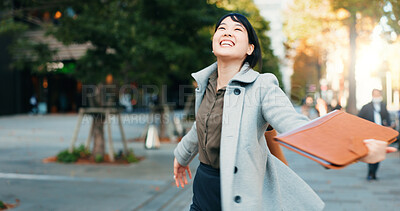 Buy stock photo City, celebration or Japanese woman excited by work promotion, achievement or success. Professional person, happy winner or walking in street for goal, energy or career growth with gratitude or smile