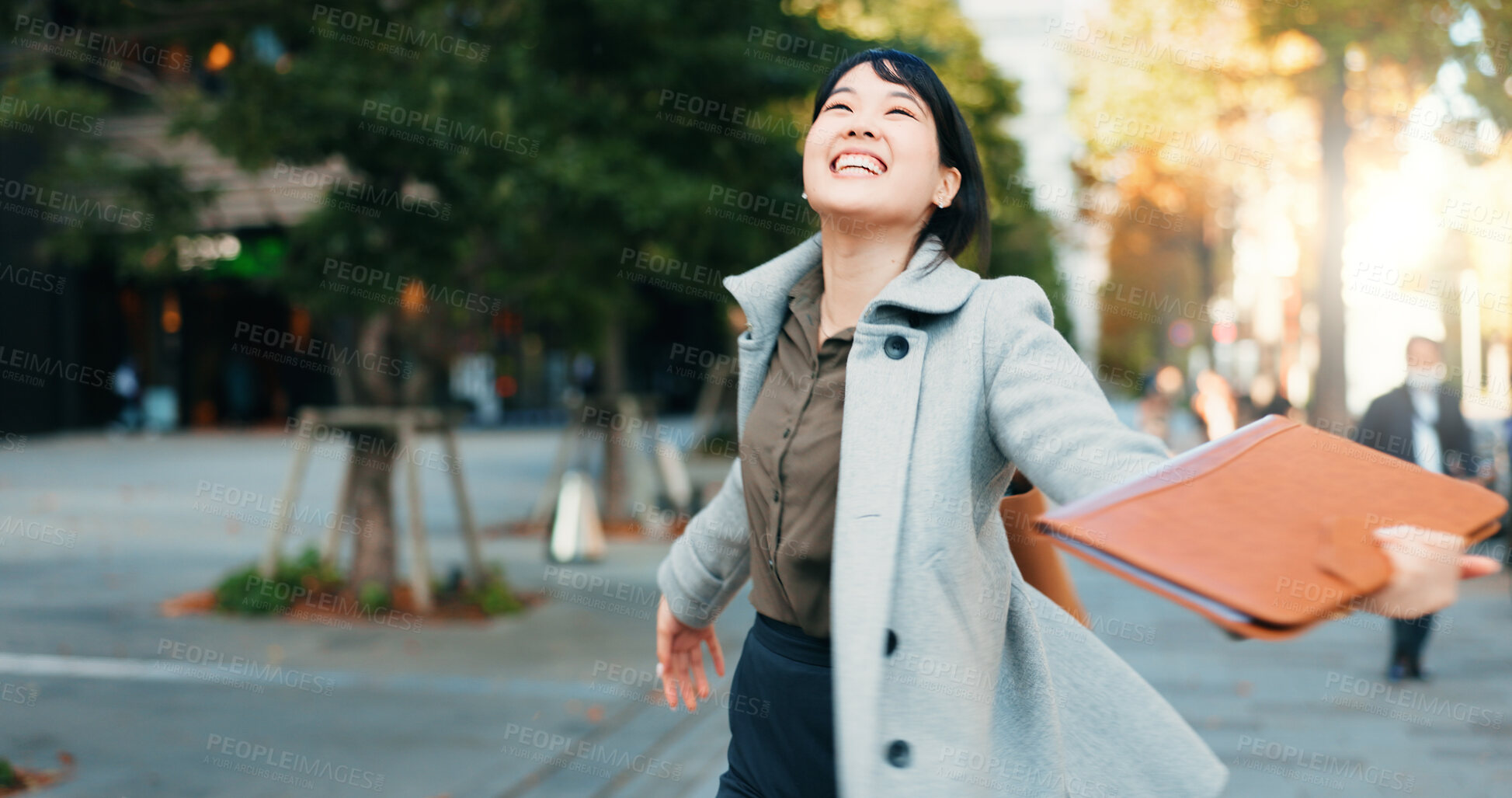 Buy stock photo City, celebration or Japanese woman excited by work promotion, achievement or success. Professional person, happy winner or walking in street for goal, energy or career growth with gratitude or smile