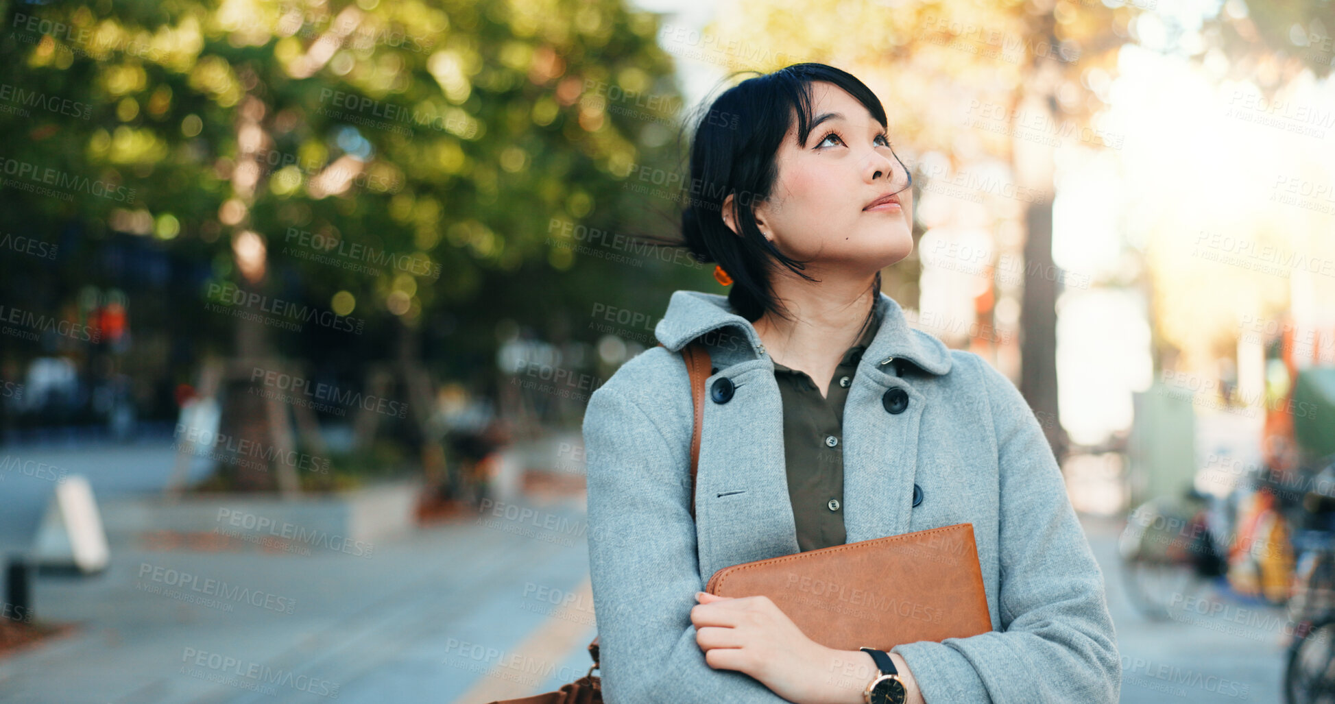 Buy stock photo Thinking, city and Japanese business woman with ideas for morning commute, journey and travel to work. Professional, corporate and person in urban town wondering for career, working and job ambition