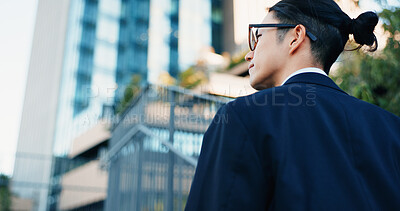 Buy stock photo Stairs, walking and back of businessman in the city by office building for travel with career. Outdoor, energy and professional male person commuting on steps to modern workplace in urban town.