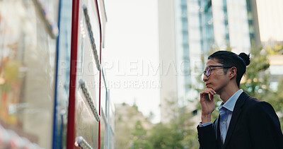Buy stock photo Man, thinking and choice at the vending machine for food or hot drink with businessman in city. Shopping, automatic service and hungry professional customer with decision downtown in Tokyo Japan