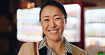 Japanese business woman, night and face with funny smile, laughing and excited by vending machine. Person, corporate employee and happy mature worker in dark lobby, workplace and portrait in Osaka