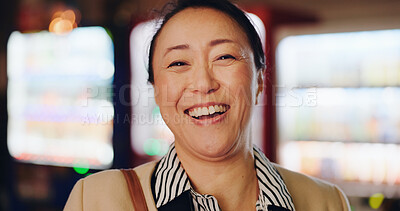 Buy stock photo Japanese, woman and face with laughing in city for comedy, joke or funny story with travel to workplace. Mature person, portrait or happy with comic news, meme or humor for commute or morning journey