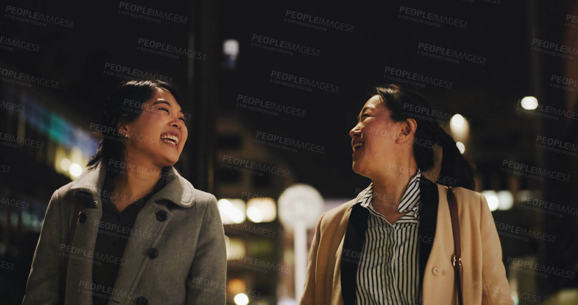 Buy stock photo Night, business people and funny with women, walking and cheerful with peace, humor and laughing. Friends, outdoor or girls with joy, fun or evening with coworkers, Japan and partnership with a break