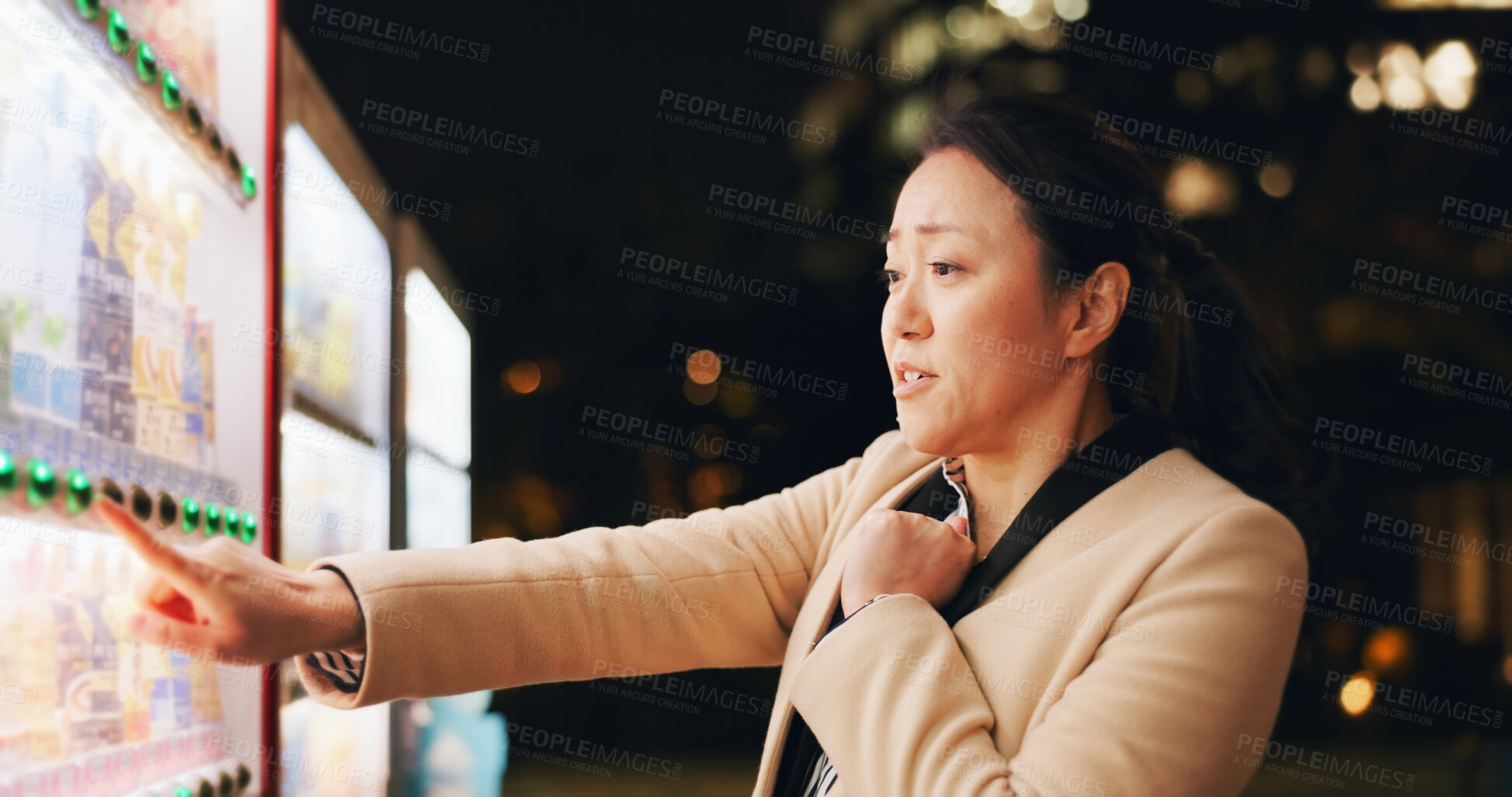 Buy stock photo Woman, thinking and choice at vending machine for food or hot drink with in city at night. Shopping, automatic service and customer with click button and press on decision downtown in Tokyo Japan