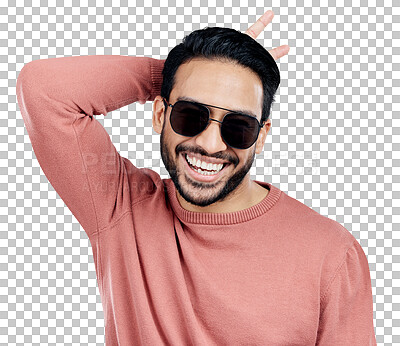 Cool, funny and funky Asian man with sunglasses isolated on a wh