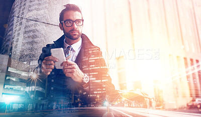 Buy stock photo Multiple exposure shot of a young man superimposed over a cityscape
