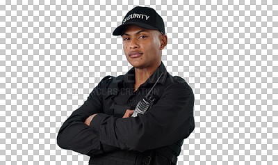 Security guard, portrait and man in studio with arms crossed, walkie talkie and surveillance of law enforcement or on blue background. Serious bodyguard with safety radio for crime, patrol and danger