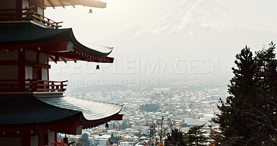 Buy stock photo Japanese temple, pagoda building with nature and architecture, religion or tradition for travel and environment. Real estate, faith and culture with mountain, landmark and Buddhism on Mount Fuji