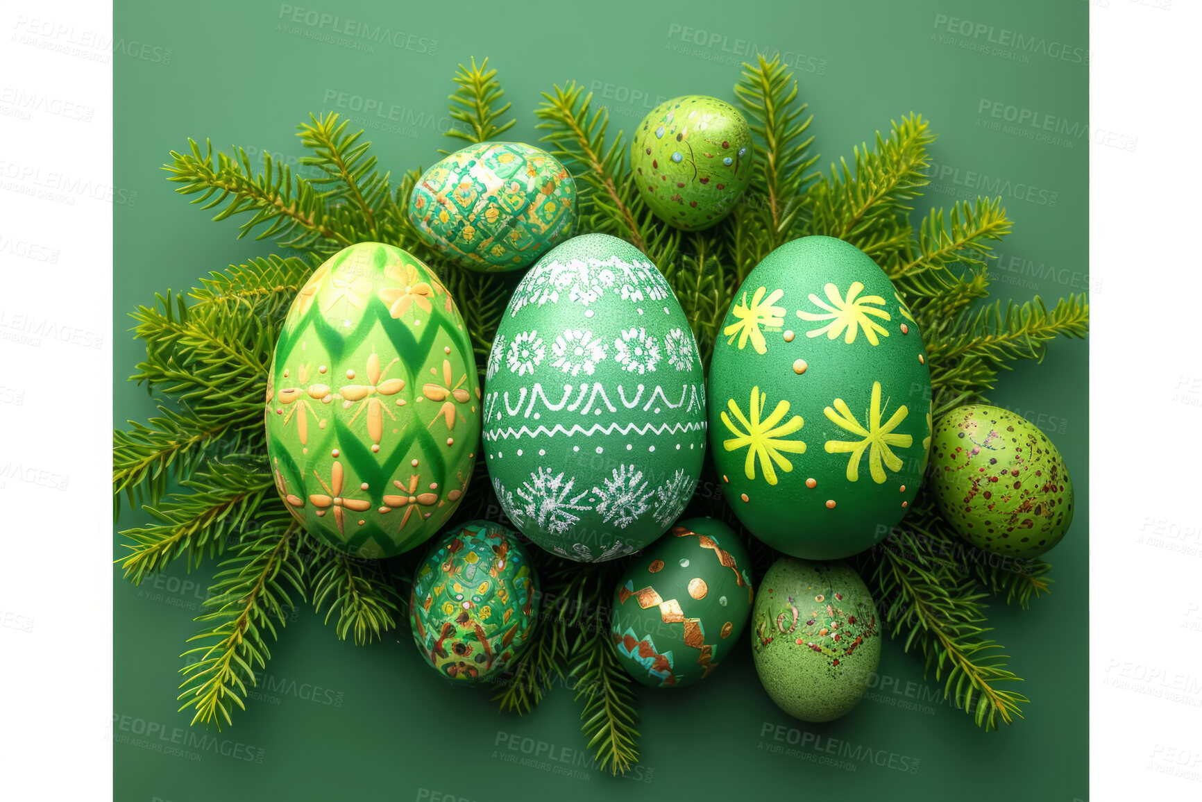 Buy stock photo Background, eggs and green for holiday, vacation and easter season with color, chocolate and celebration. Mockup, banner and decoration in abstract for creative wallpaper, advertisement and art.