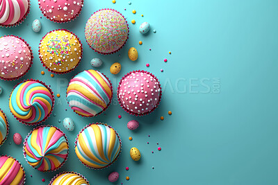 Background, celebration and cupcakes for holiday, vacation and easter season with color, chocolate and cute. Pastel, banner and decoration in abstract for creative wallpaper, advertisement and art.