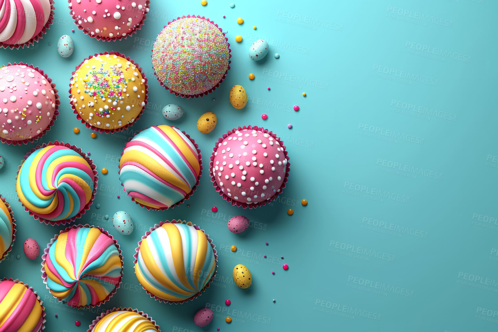 Buy stock photo Background, celebration and cupcakes for holiday, vacation and easter season with color, chocolate and cute. Pastel, banner and decoration in abstract for creative wallpaper, advertisement and art.