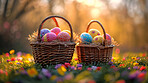 Background, eggs and color for holiday, basket and easter season with color, chocolate and celebration. Flowers, sunshine and decoration in abstract for creative wallpaper, advertisement and art.