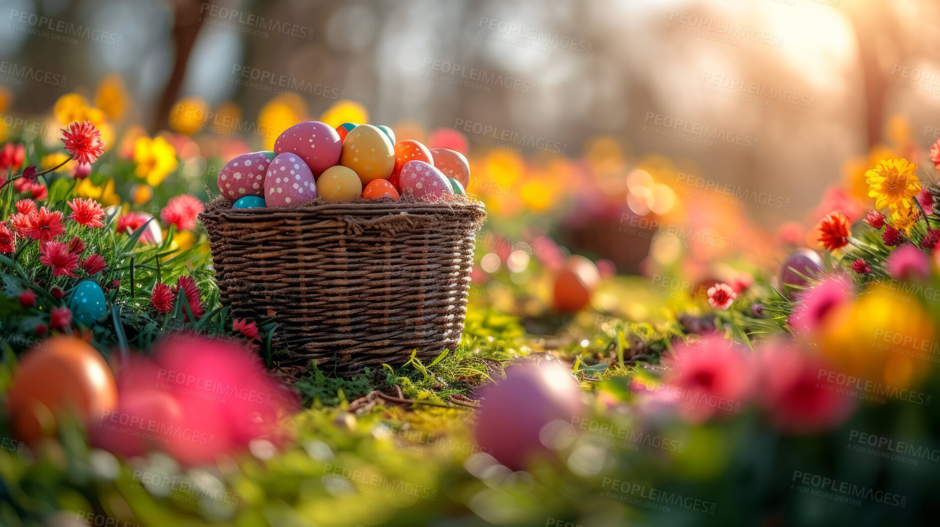 Buy stock photo Background, eggs and color for holiday, basket and easter season with color, chocolate and celebration. Flowers, sunshine and decoration in abstract for creative wallpaper, advertisement and art.