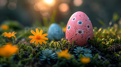 Background, eggs and color for holiday, vacation and easter season with color, chocolate and celebration. Flowers, grass and decoration in abstract for creative wallpaper, advertisement and art.