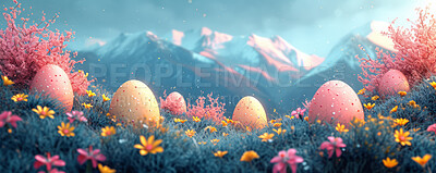Background, eggs and color for holiday, vacation and easter season with color, chocolate and celebration. Flowers, banner and decoration in abstract for creative wallpaper, advertisement and art.