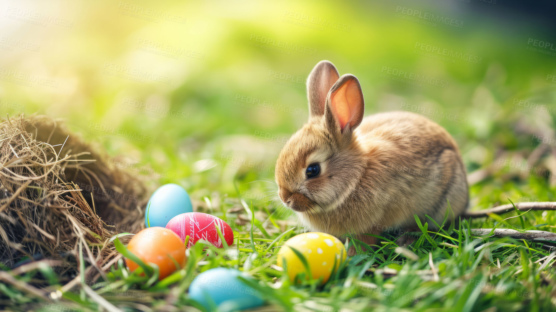 Buy stock photo Easter bunny, eggs and sunset for holiday, vacation and festive season with color, chocolate and cute face. Sunshine, rabbit and animal portrait in vintage vehicle for creative celebration art.
