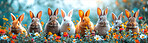 Background, celebration and bunny for holiday, vacation and easter with color, chocolate and illustration. Flowers, banner and decoration in abstract for creative wallpaper, advertisement and art.