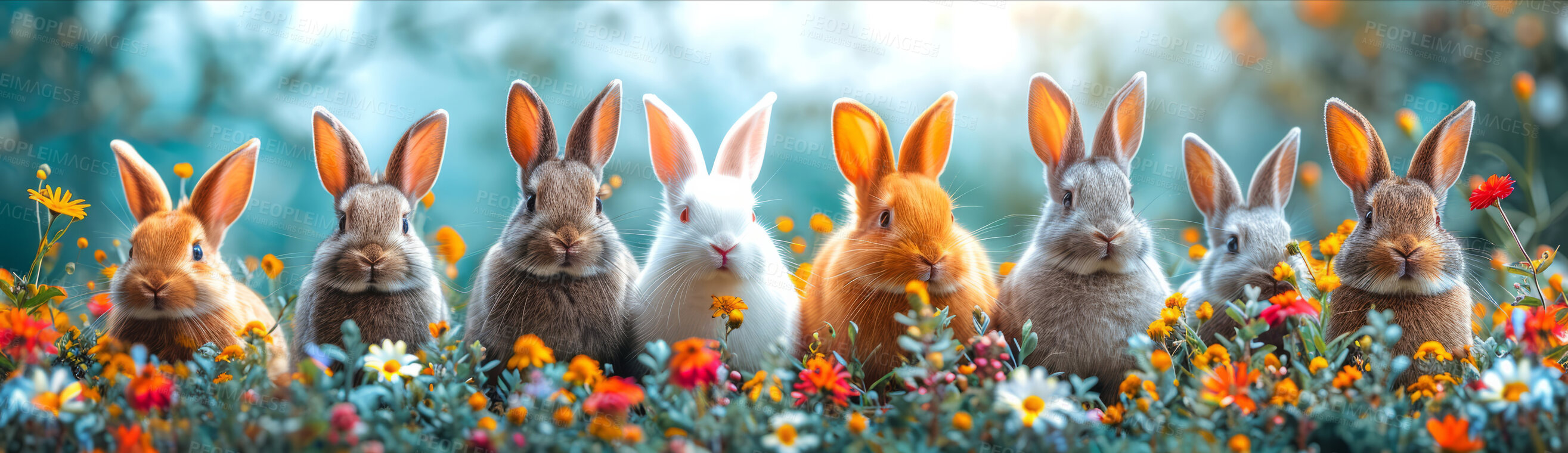 Buy stock photo Background, celebration and bunny for holiday, vacation and easter with color, chocolate and illustration. Flowers, banner and decoration in abstract for creative wallpaper, advertisement and art.