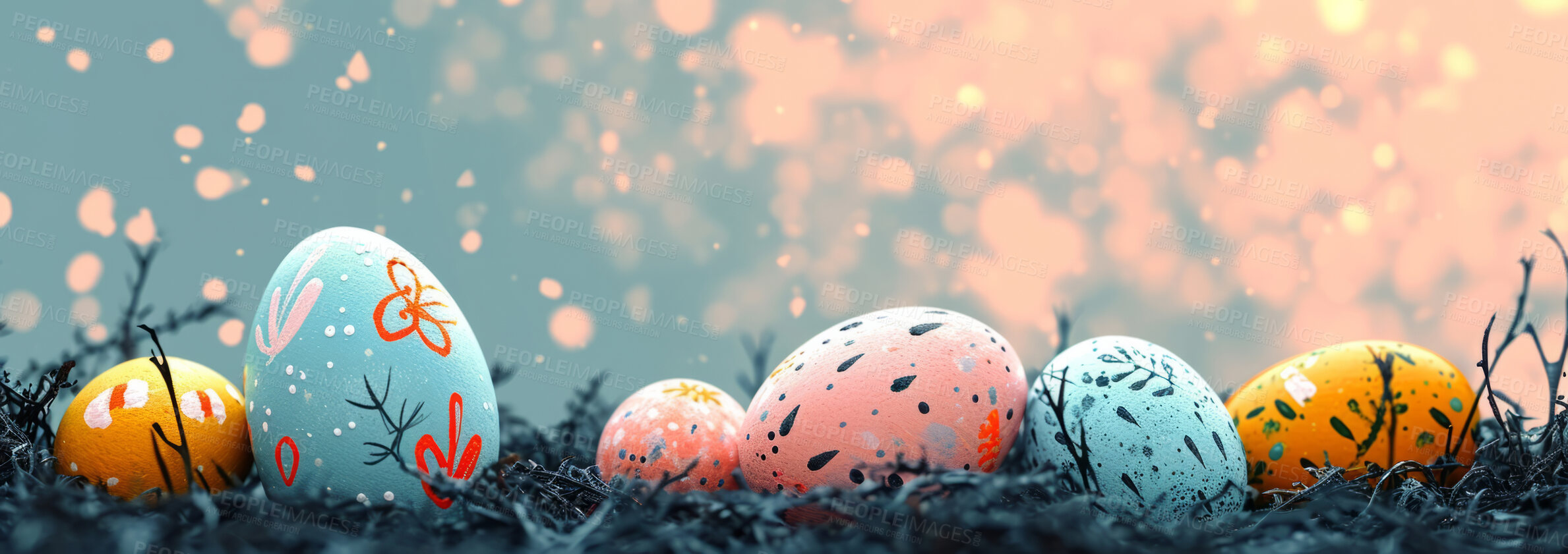 Buy stock photo Background, eggs and color for holiday, vacation and easter season with color, chocolate and celebration. Festive, banner and decoration in abstract for creative wallpaper, advertisement and art.