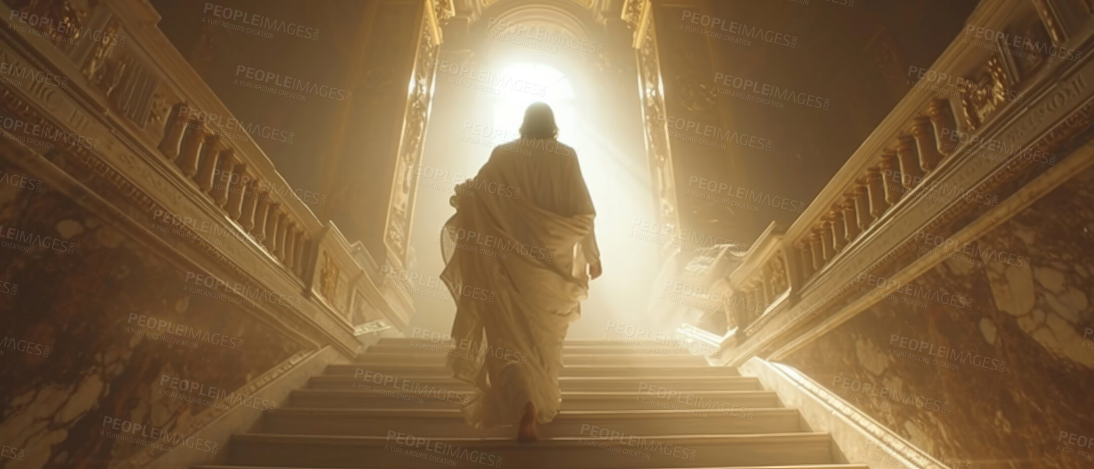 Buy stock photo Heaven, christ and silhouette with background for religion, faith and spiritual god for sunshine, believe and sacrifice. Stairs, man and light flare for Catholic, Christianity and bible concept