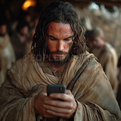 Modern, smartphone and Jesus with idea for religion, fantasy and spiritual networking with tech, believe and social media. crucifix, crown and good friday for catholic, christian and bible concept