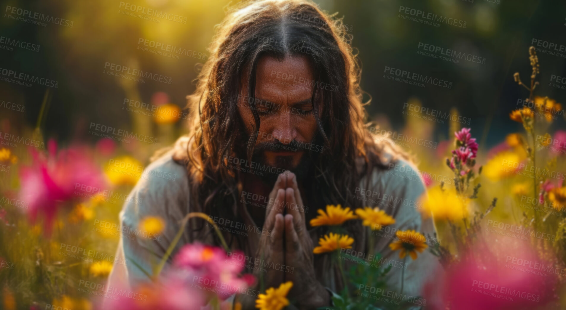 Buy stock photo Praying, christ and Jesus with love for religion, garden and spiritual salvation with passion, believe and sacrifice. crucifix, crown and good friday for catholic, christian and bible concept