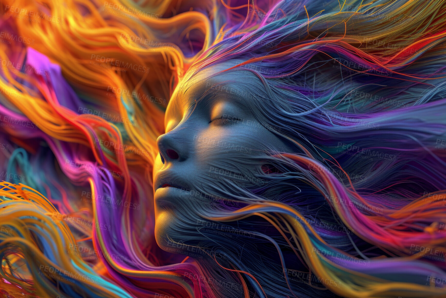 Buy stock photo Wave, abstract, digital woman face on a studio background for design, 3D render or art. Face, colourful flow design and connection mockup for science, network and artificial intelligence concept
