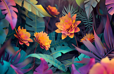 Buy stock photo Flowers, abstract and floral creative background print for wallpaper, summer or spring. Vivid, colourful and natural environment mockup design for ecology, garden and tropical poster on backdrop