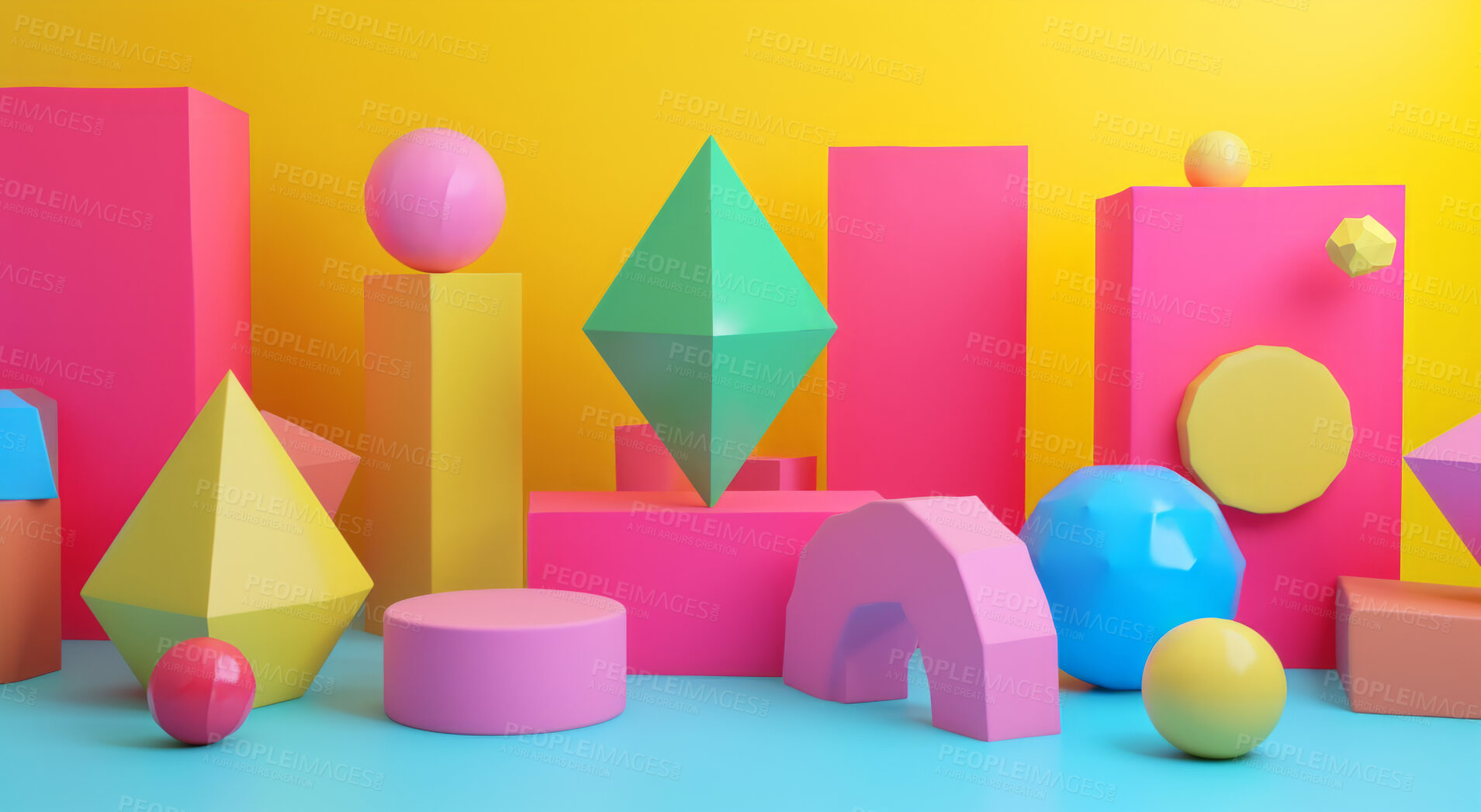 Buy stock photo Abstract shape, wallpaper and backdrop connection of 3d render scene for online storage, big data and creativity software. Colourful, vibrant and creative mockup for graphic design, poster or celebration