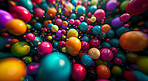 Spheres, balls or balloons floating on studio background for celebration, birthday or event. Colourful, vivid and creative 3d rendering of a fantasy mockup for artistic design, wallpaper and graphic