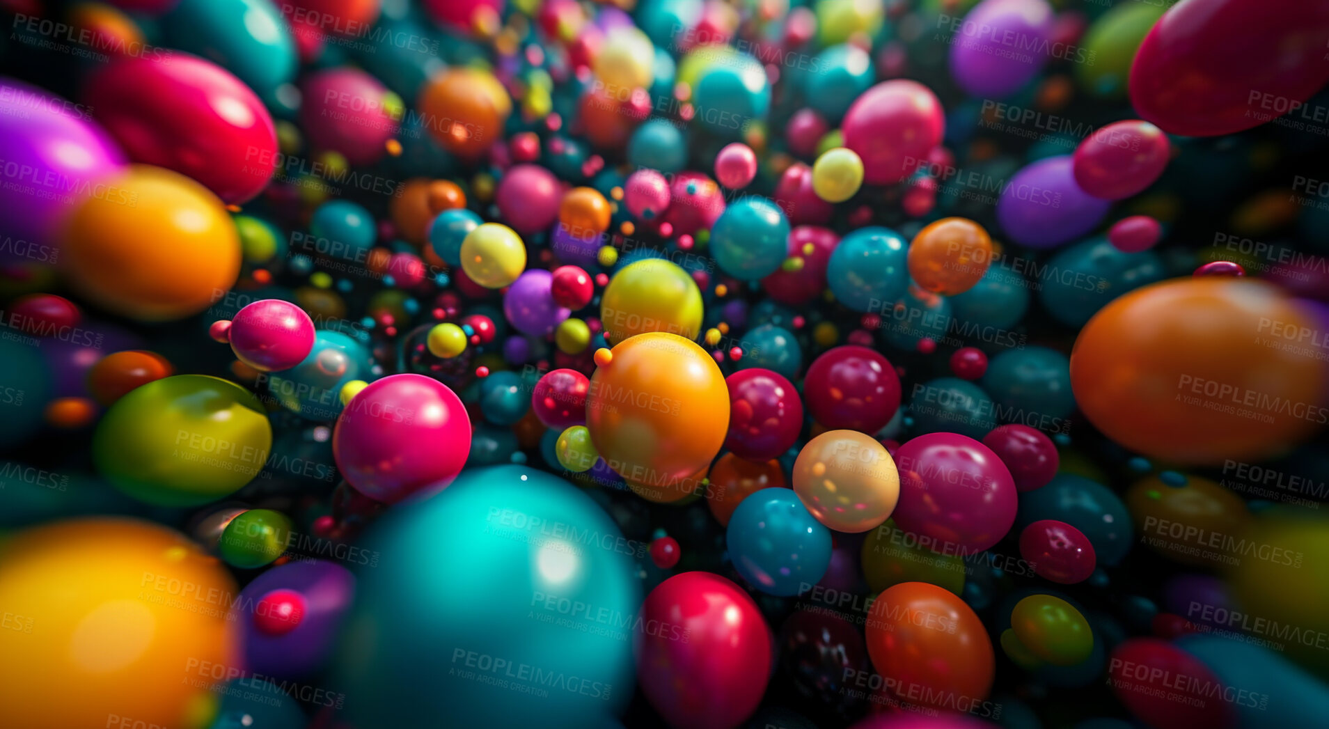 Buy stock photo Spheres, balls or balloons floating on studio background for celebration, birthday or event. Colourful, vivid and creative 3d rendering of a fantasy mockup for artistic design, wallpaper and graphic
