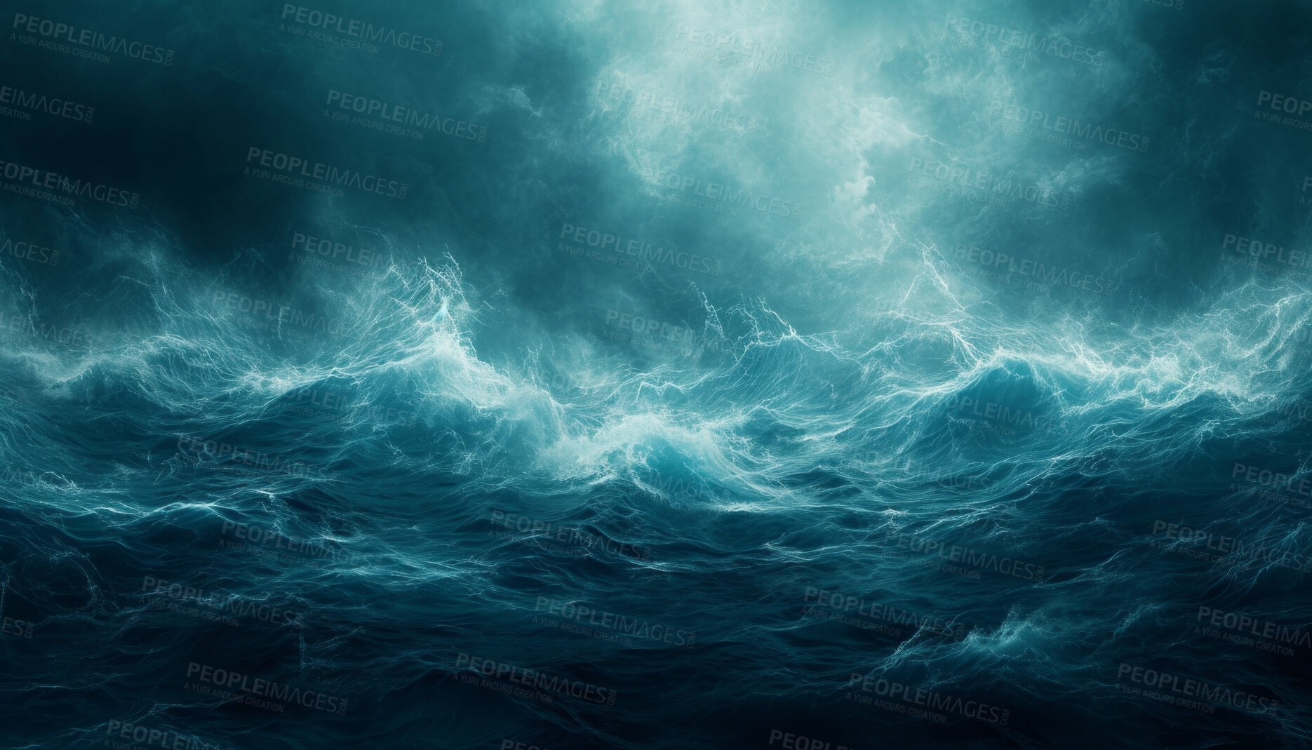 Buy stock photo Abstract, wave and ocean landscape of rough seas for wallpaper, background and backdrop. Turquoise, blue and vibrant environmental mockup for poster design, climate disaster and eco friendly