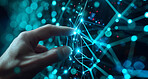 Hand, internet and big data connection dots for cloud storage, artificial intelligence and coding. Blue, lines and network connectivity for ai algorithm, quantum computing and communication background