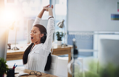 Buy stock photo Yawn, stretching or tired woman with fatigue in call center overworked or overwhelmed by telecom deadline. Burnout, exhausted girl or female sales agent yawning while networking overtime at help desk