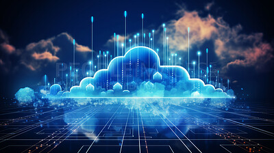 Cloud computing, global network, and future technology for communication, networking or ai. Clouds, lines or connection for cybersecurity, big data or innovation in digital data transformation
