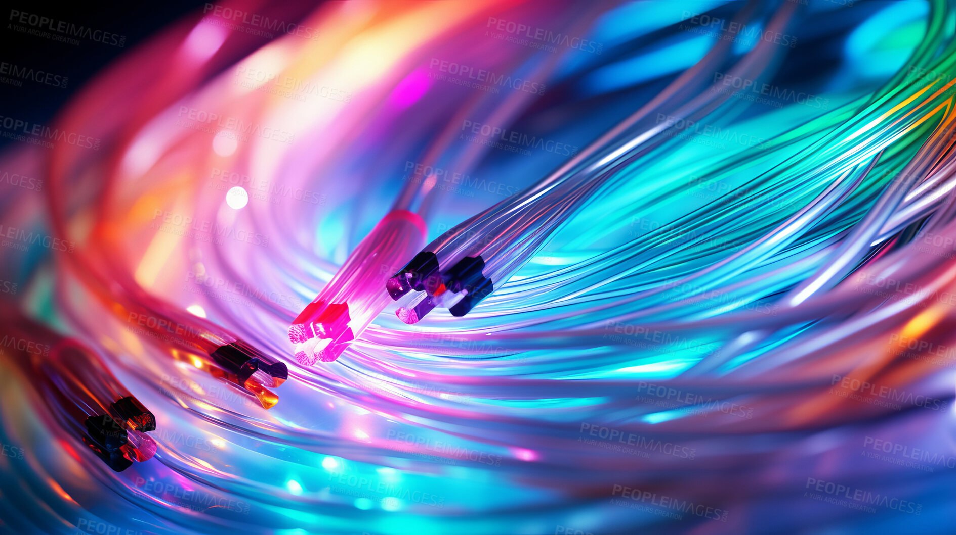 Buy stock photo Cables, wires or cords in colorful lights engineering, software programming or cybersecurity IT. Hardware, equipment or data center technology for cloud networking, database storage or backup