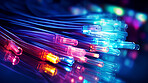 Cables, wires or cords in colorful lights engineering, software programming or cybersecurity IT. Hardware, equipment or data center technology for cloud networking, database storage or backup