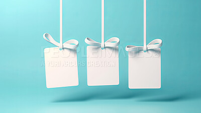 Buy stock photo Card, gift and paper sign with bow on blue background for copy space announcement, invitation message or offer. Bow, ribbon, white coupon for discount, sale, special surprise voucher.