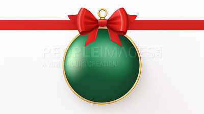Buy stock photo Baubel, gift and round present tag on white background for surprise giving, celebration or party event. Bow, ribbon and copy space for package for Christmas, birthday or special day giveaway.