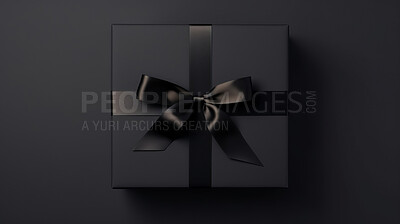 Box, gift and present with bow on black background for surprise prize giving, celebration or party event. Bow, ribbon, wrapping paper and package for Christmas, birthday or special day giveaway.