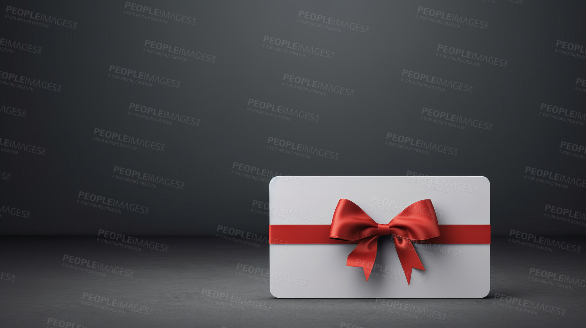 Buy stock photo Card, gift and present with bow on black background for purchase, online shopping or discount. Bow, ribbon, white coupon for discount, sale, special surprise voucher.