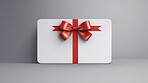 Card, gift and present with bow on grey background for purchase, online shopping or discount. Bow, ribbon, white coupon for discount, sale, special surprise voucher.