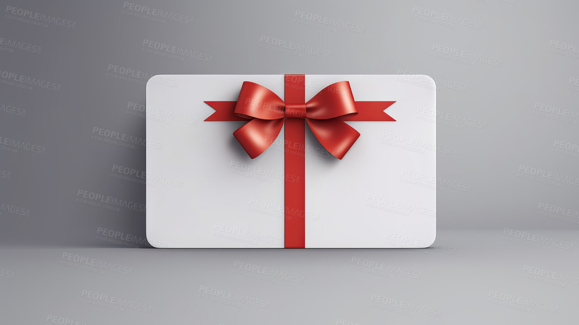 Buy stock photo Card, gift and present with bow on grey background for purchase, online shopping or discount. Bow, ribbon, white coupon for discount, sale, special surprise voucher.