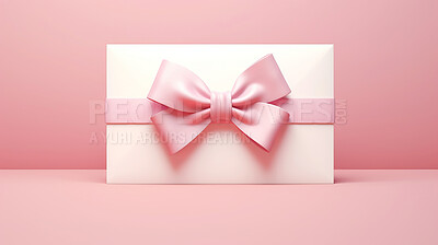 Card, gift and present with bow on pink background for purchase, online shopping or discount. Bow, ribbon, white coupon for discount, sale, special surprise voucher.