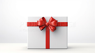 Buy stock photo Box, gift and present with bow on white background for surprise prize giving, celebration or party event. Bow, ribbon, wrapping paper and package for Christmas, birthday or special day giveaway.