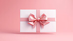 Box, gift and present with bow on pink background for surprise prize giving, celebration or party event. Bow, ribbon, wrapping paper and package for Christmas, birthday or special day giveaway.