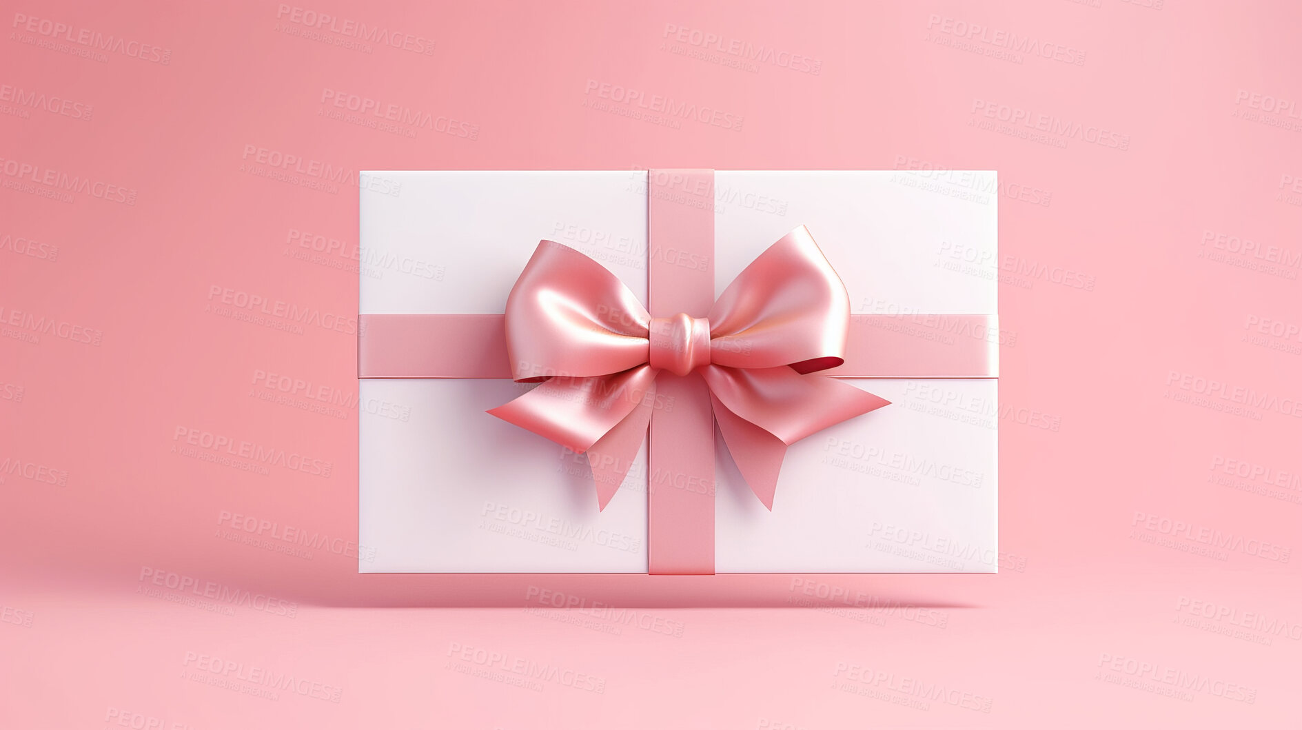 Buy stock photo Box, gift and present with bow on pink background for surprise prize giving, celebration or party event. Bow, ribbon, wrapping paper and package for Christmas, birthday or special day giveaway.